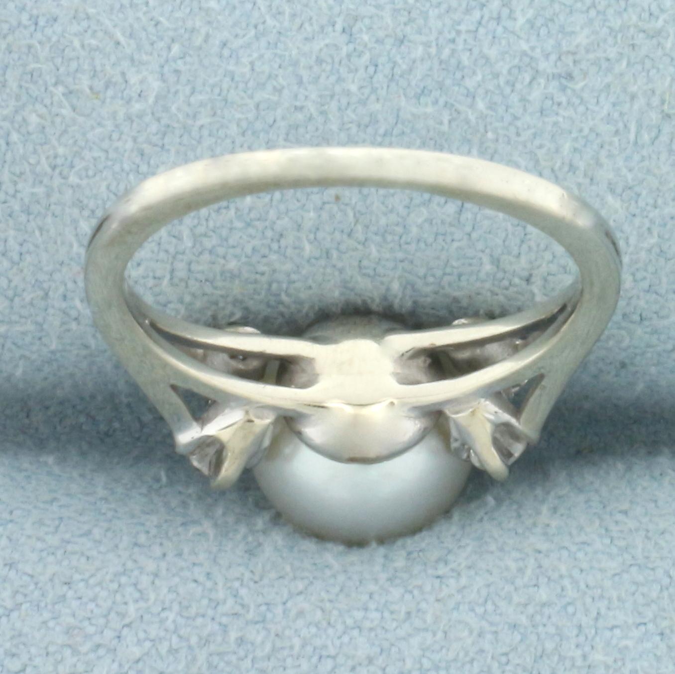 Akoya Pearl And Diamond Ring In 14k White Gold