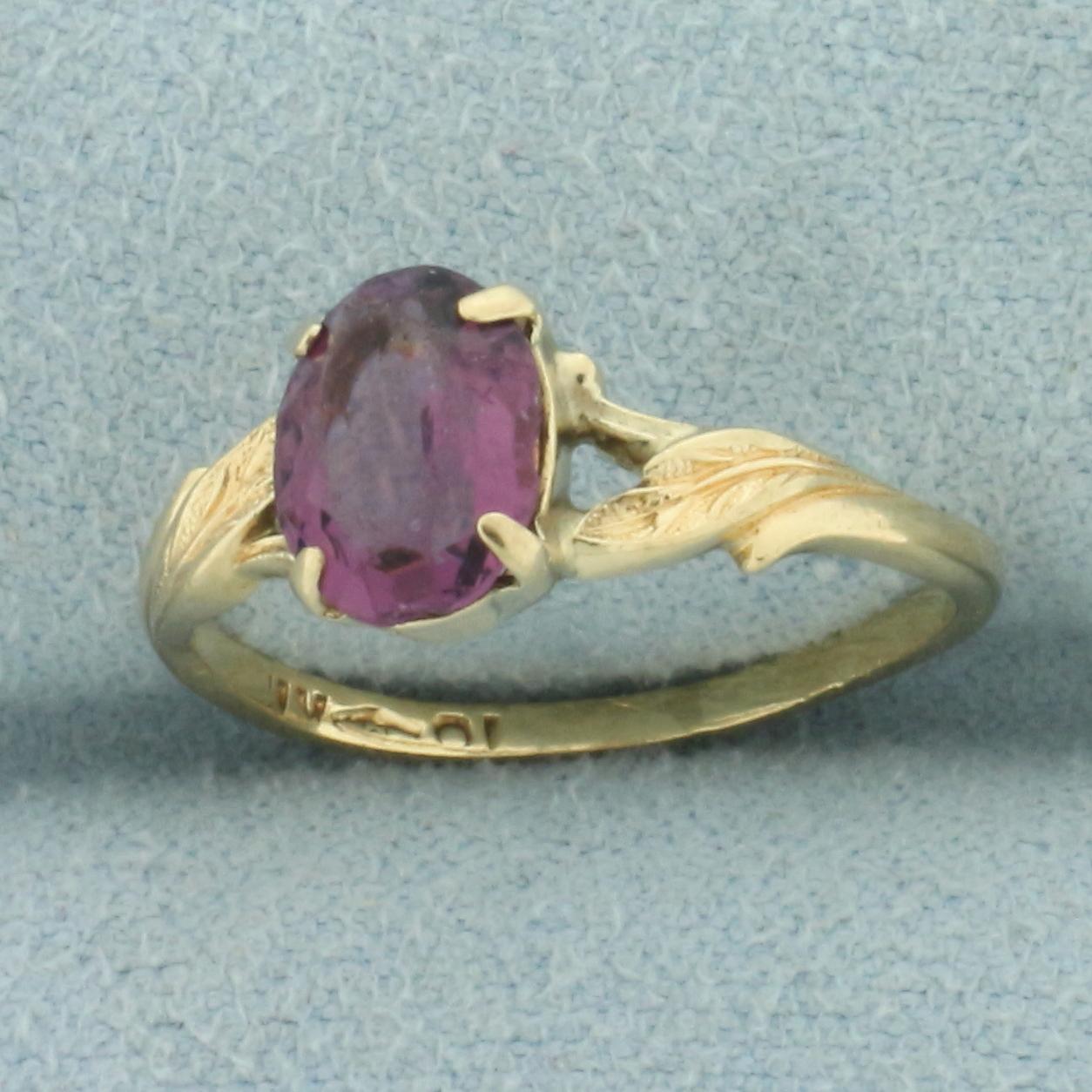 Vintage Amethyst Leaf Design Ring In 10k Yellow Gold