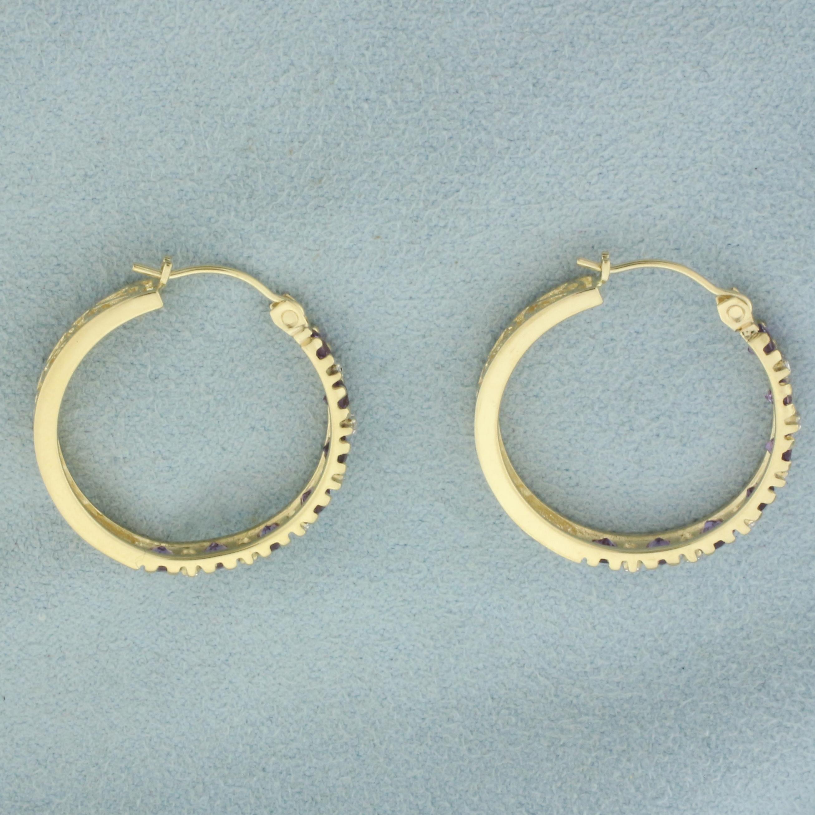 Amethyst And Diamond Hoop Earrings In 14k Yellow Gold