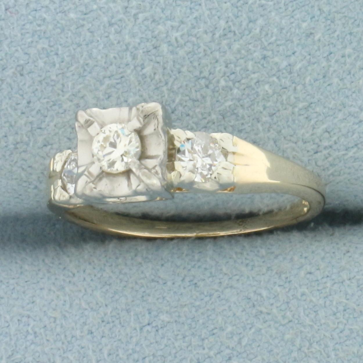 Vintage 3 Stone Old European Diamond Engagement Ring In 14k Yellow And White Gold