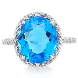 Huge 5ct Lab Swiss Blue Topaz And Diamond Halo Ring In Platinum Over Sterling Silver