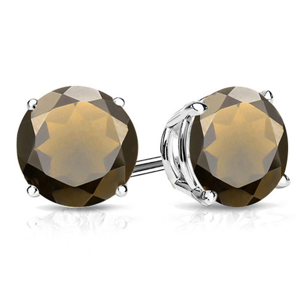 8mm Round Cut Smoky Quartz 3.8ctw Stud Earrings In Sterling Silver