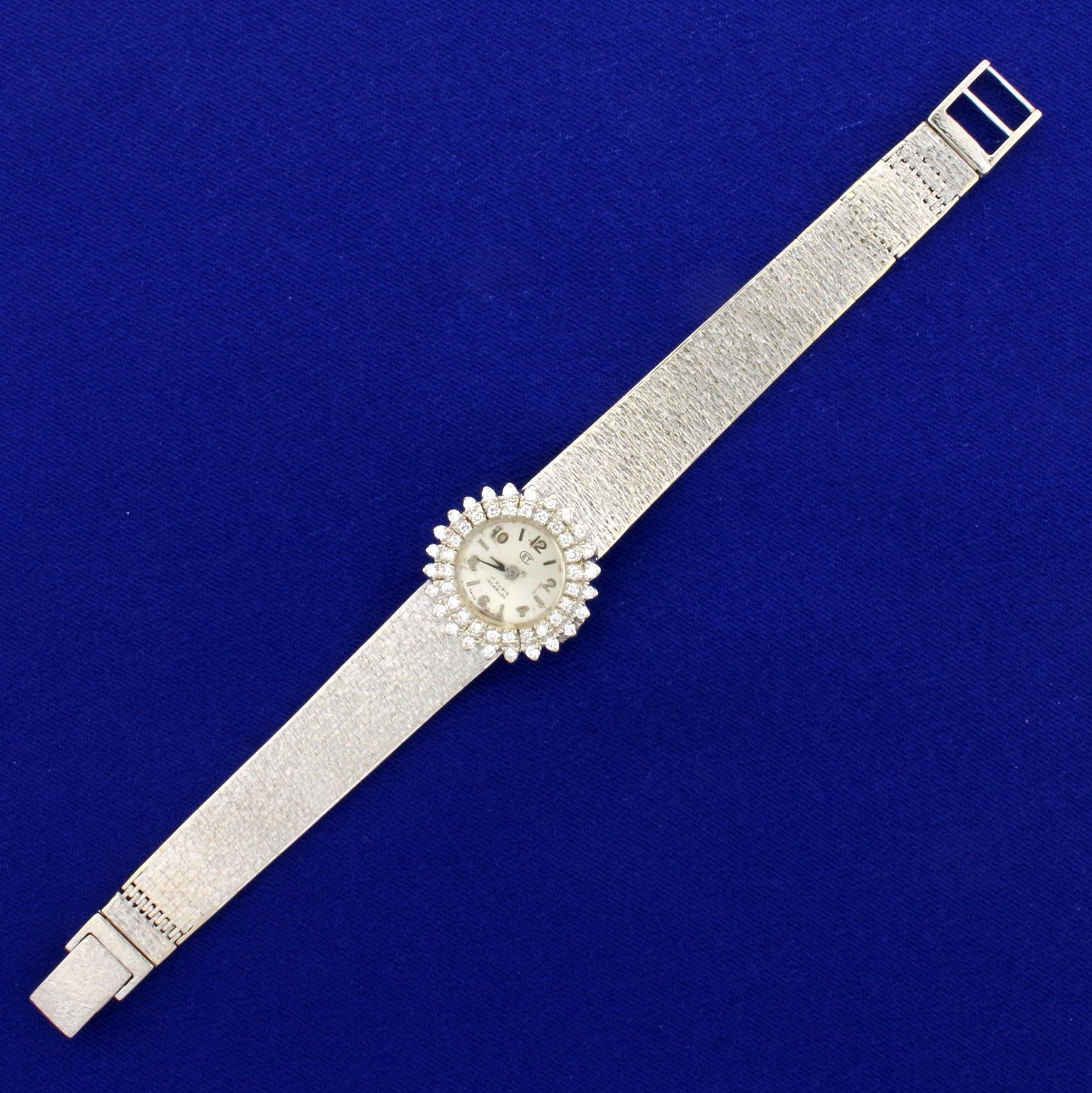 Antique Womens Diamond Swiss Made 17 Rubis Incabloc Windup Watch In Solid 18k White Gold