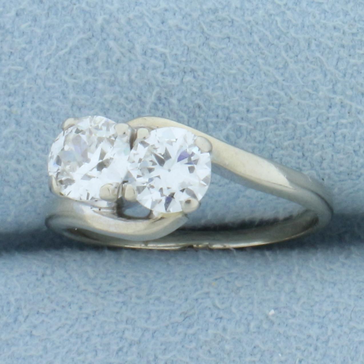 Old European And Round Brilliant Two Stone Diamond Ring In 14k White Gold