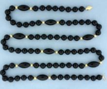 35 Inch Onyx And Gold Bead Hand Knotted Necklace In 14k Yellow Gold