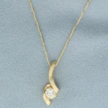 Diamond Solitaire Ribbon Design Necklace In 14k Yellow Gold