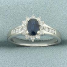 Sapphire And Diamond Halo Ring In 10k White Gold