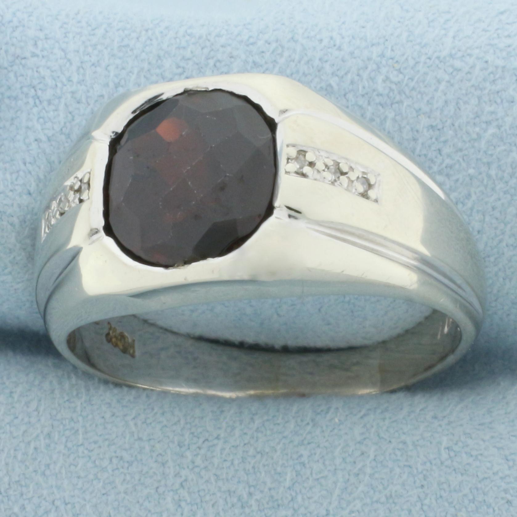 Mens Garnet And Diamond Ring In 10k White Gold