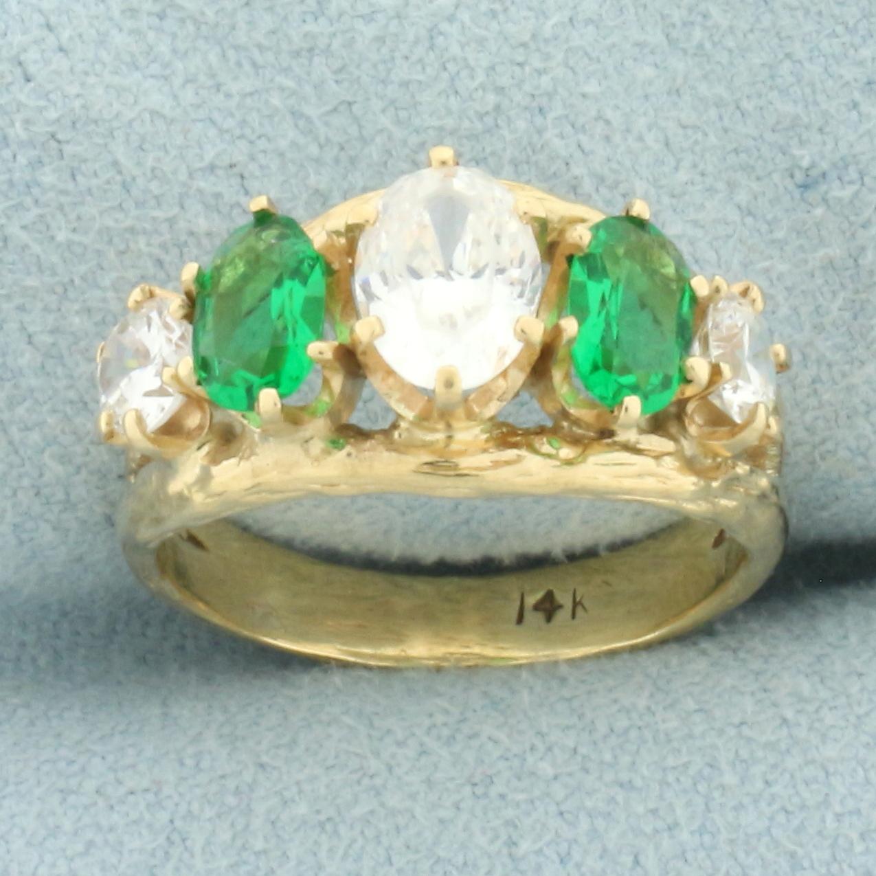 Synthetic Diamond And Emerald 5-stone Ring In 14k | Proxibid