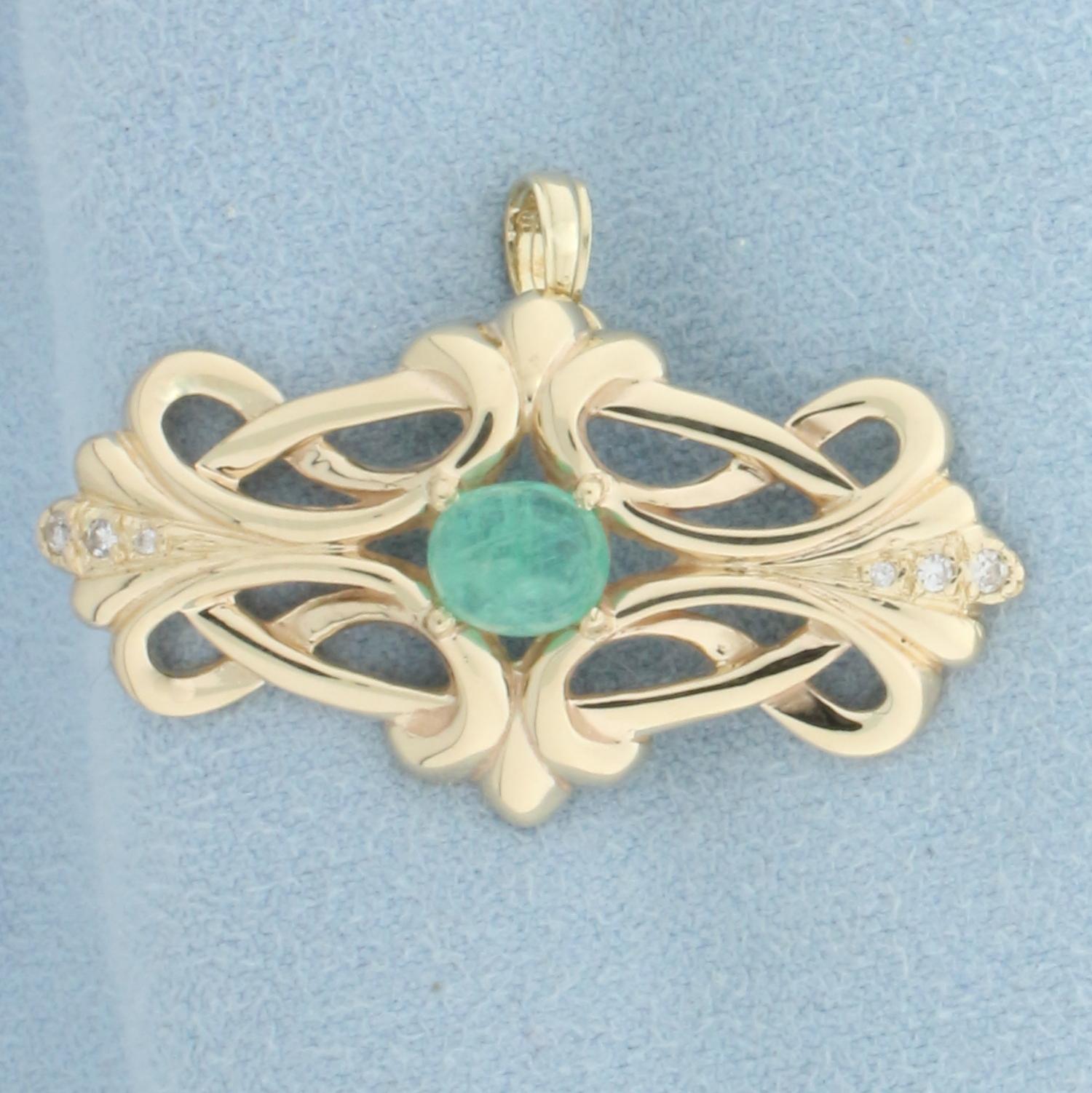 Vintage Emerald And Diamond Pendant In 14k Yellow Gold