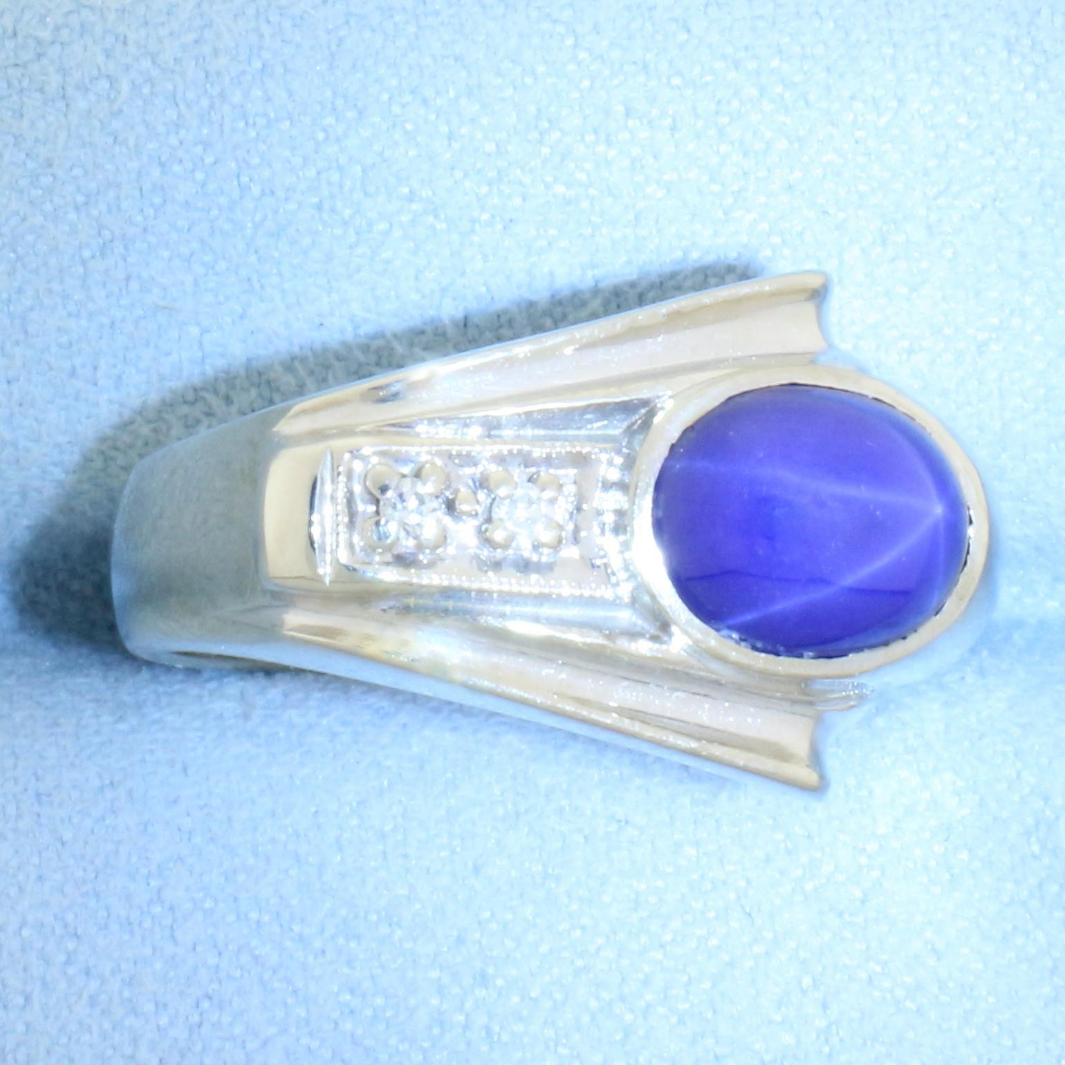 Star Sapphire And Diamond Retro Era Ring In 14k White Gold