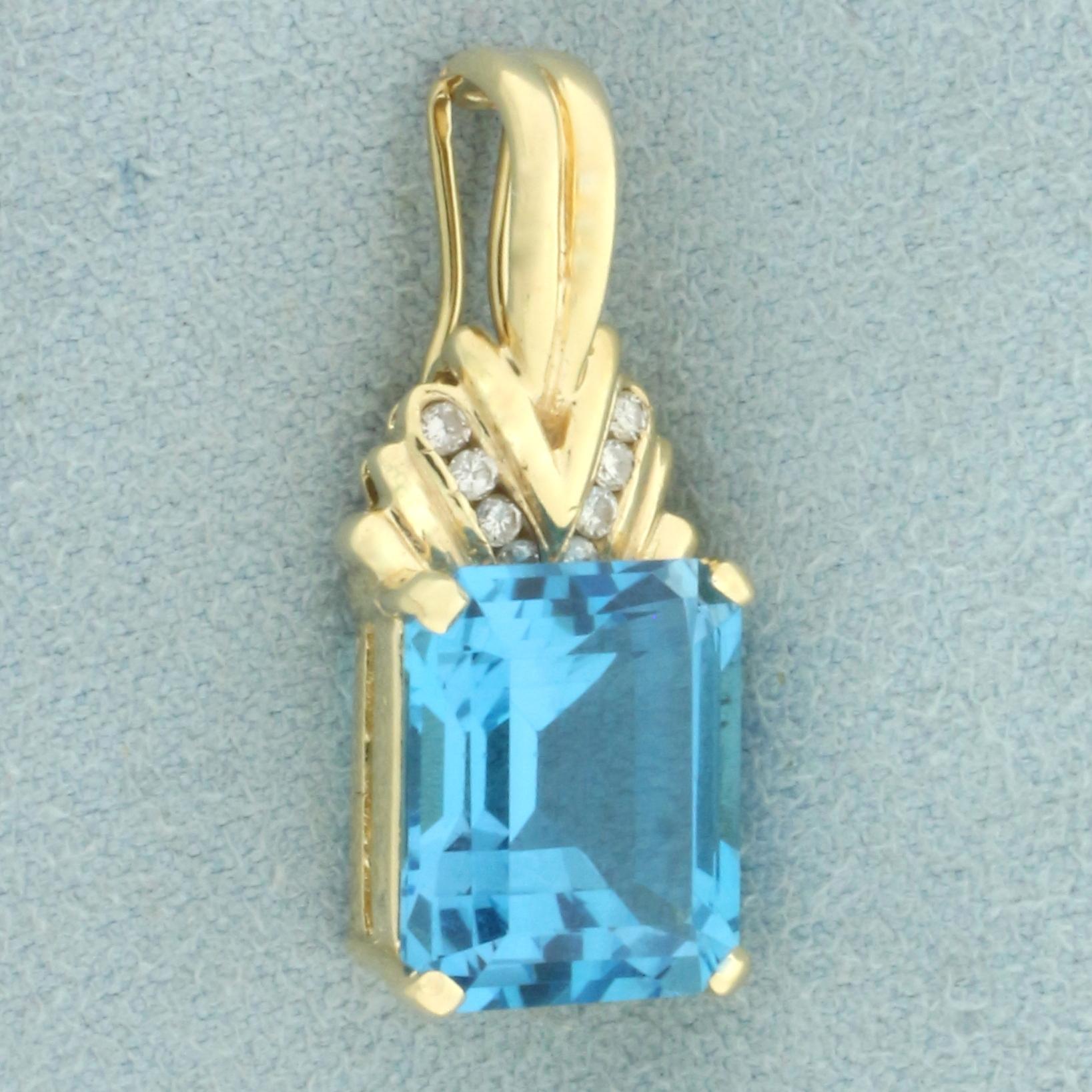 Swiss Blue Topaz And Diamond Pendant In 14k Yellow Gold