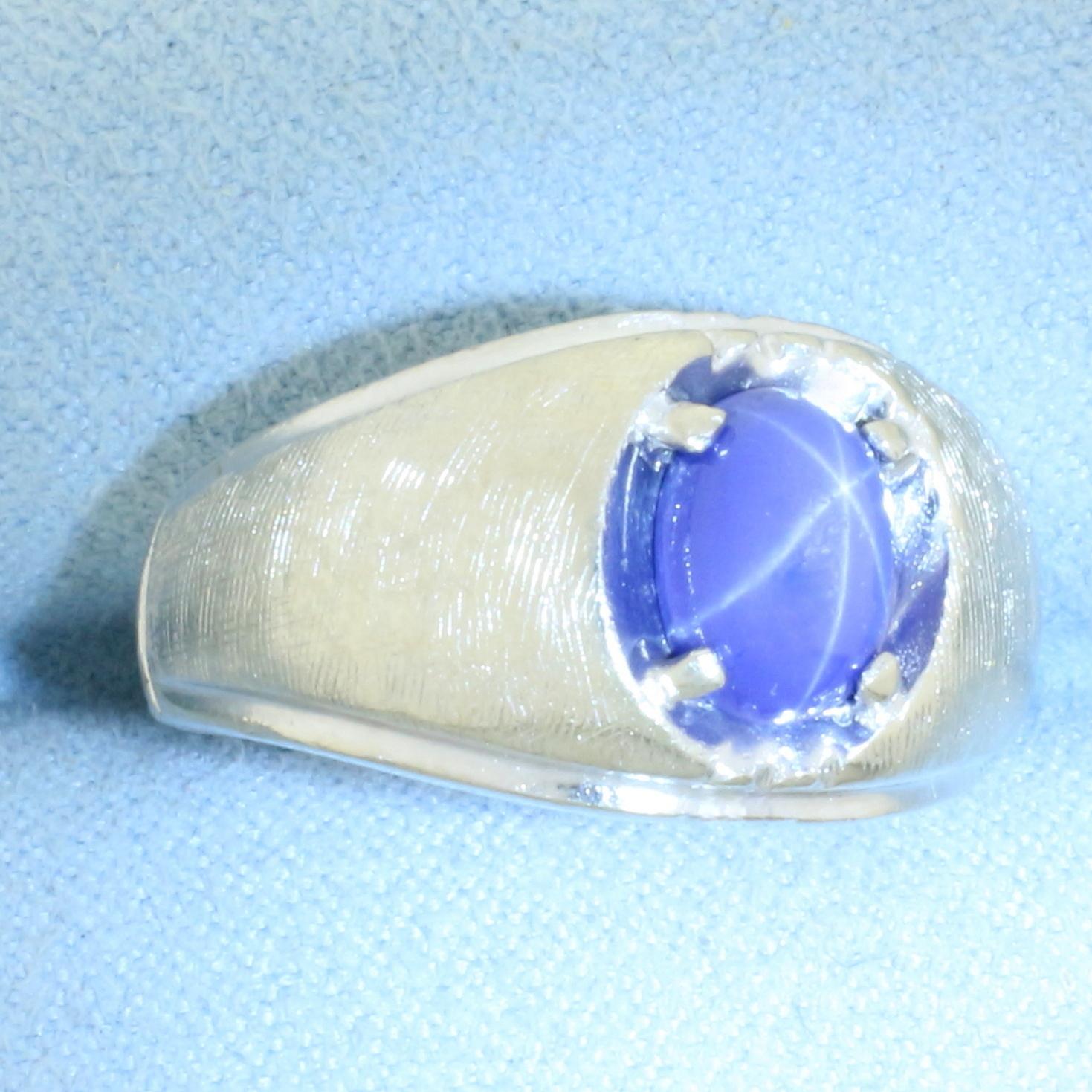 Mens Star Sapphire Ring In 14k White Gold