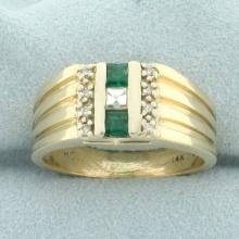 Mens Emerald And Diamond Ring In 14k Yellow Gold