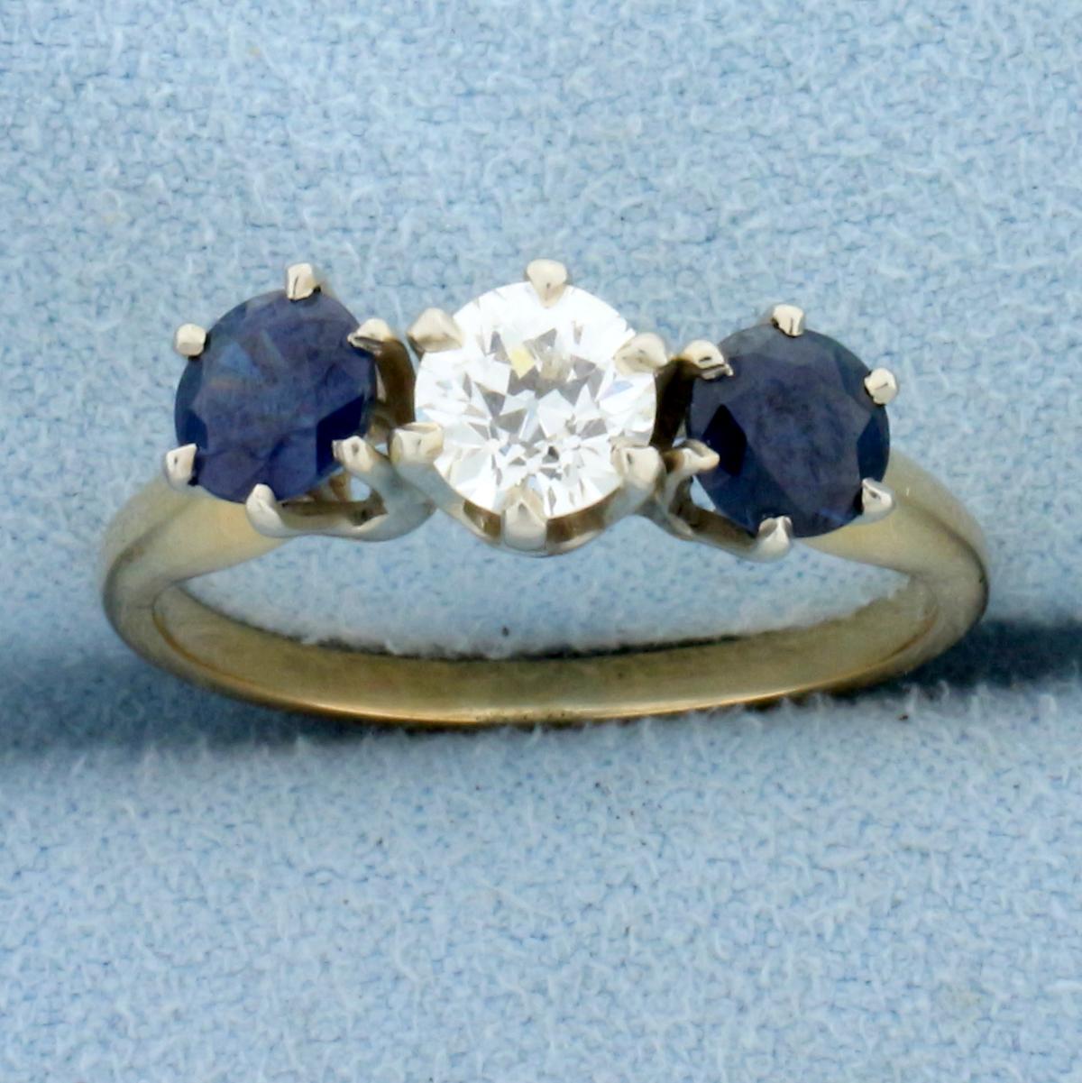 Antique 1.5ct Tw Three Stone Sapphire And Diamond Ring In 14k Yellow And White Gold