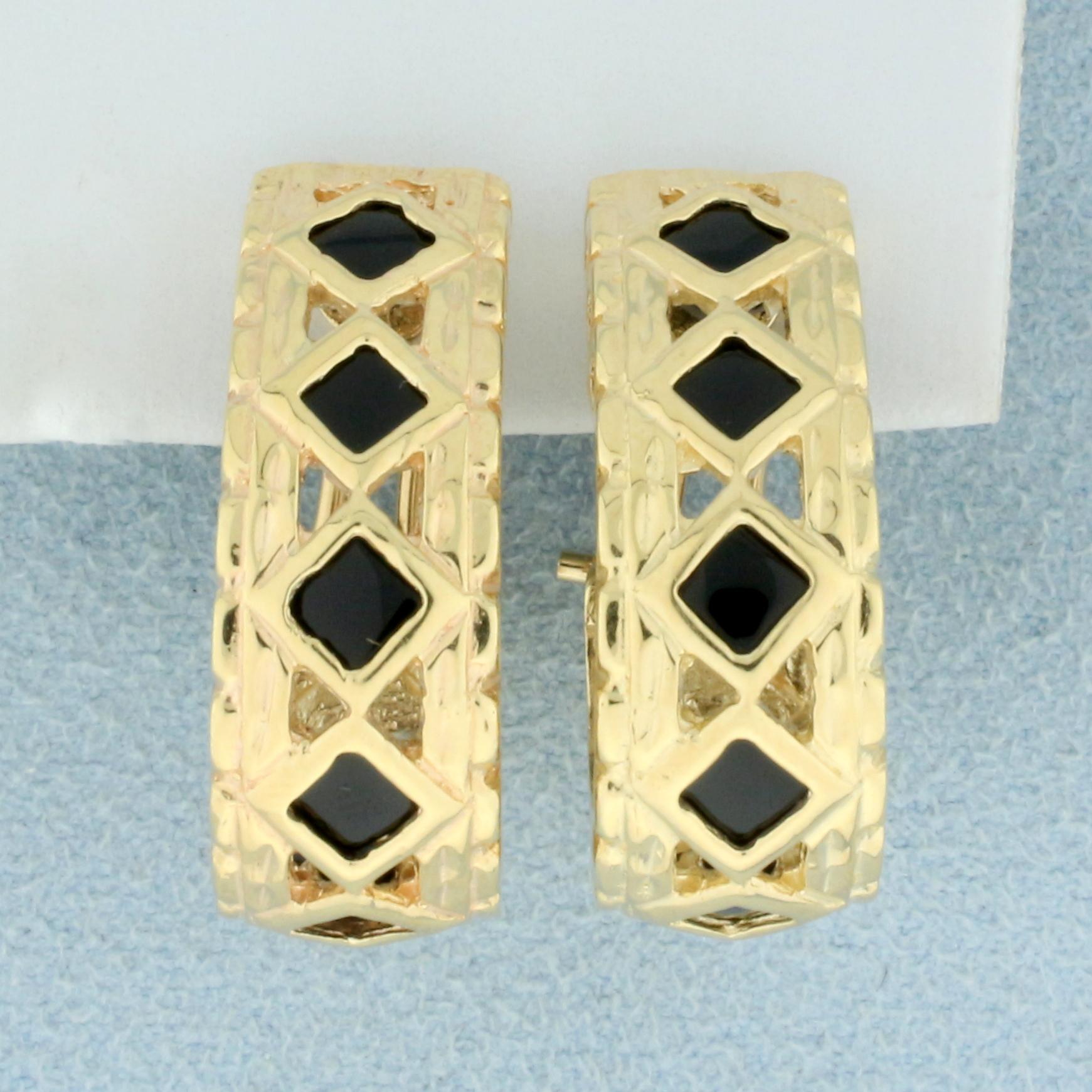 Vintage Onyx J Hoop Earrings In 14k Yellow Gold