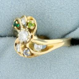 Vintage Diamond And Gemstone Ring In 14k Yellow Gold