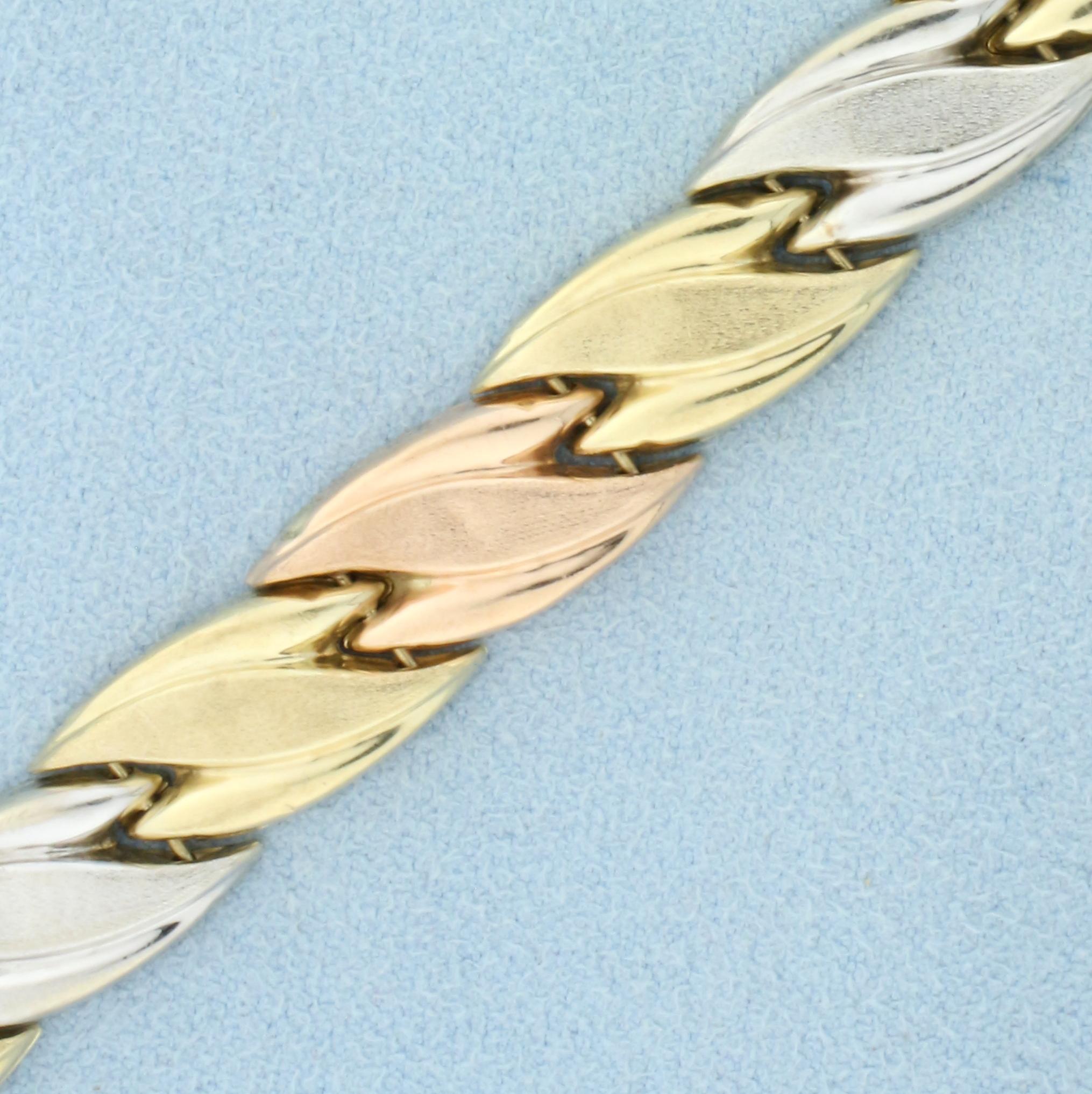 Tri Color Designer Link Bracelet In 10k White, Yellow And Rose Gold