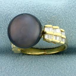 Tahitian Pearl And Diamond Ring In 14k Yellow Gold