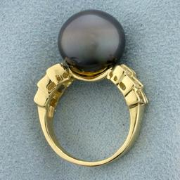 Tahitian Pearl And Diamond Ring In 14k Yellow Gold