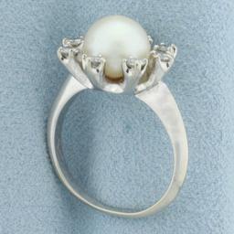 Akoya Pearl And Diamond Halo Ring In 14k White Gold