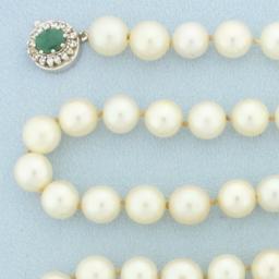 Vintage Emerald And Diamond 32 Inch Cultured Akoya Pearl Strand Necklace In 14k White Gold