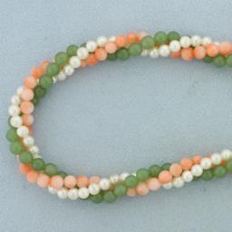 Jade, Pink Skin Coral, And Pearl Necklace In 14k Yellow Gold