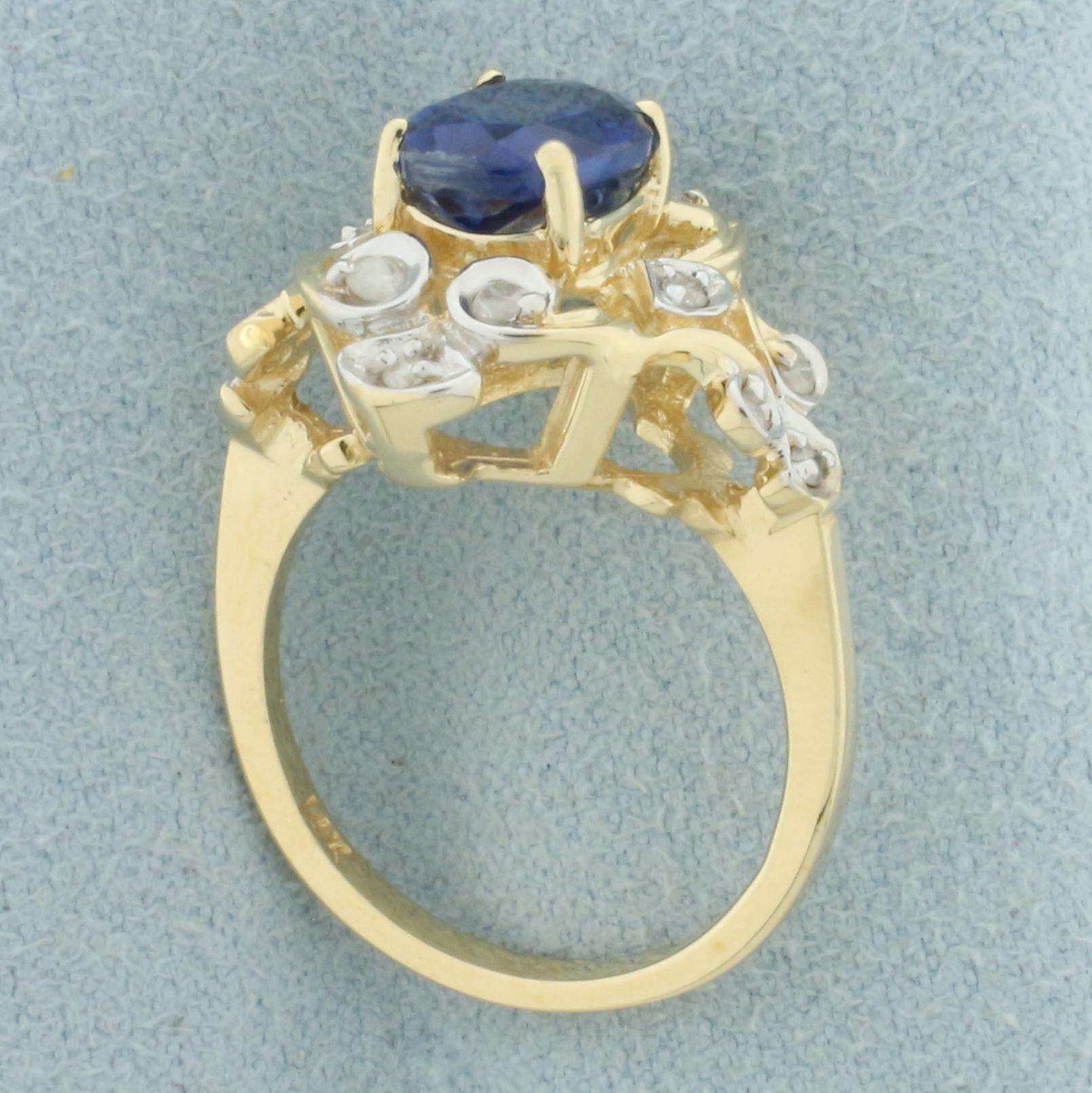 Sapphire And Diamond Scroll Design Ring In 14k Yellow Gold