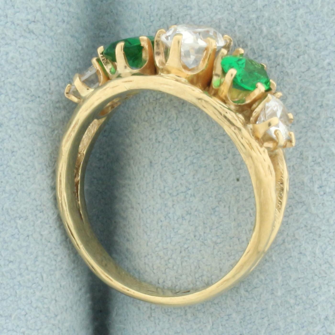 Synthetic Diamond And Emerald 5-stone Ring In 14k Yellow Gold