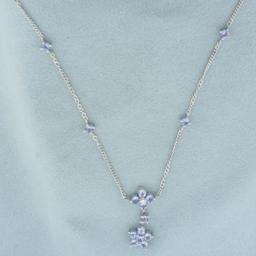 Tanzanite And Diamond Flower Design Necklace In 14k White Gold