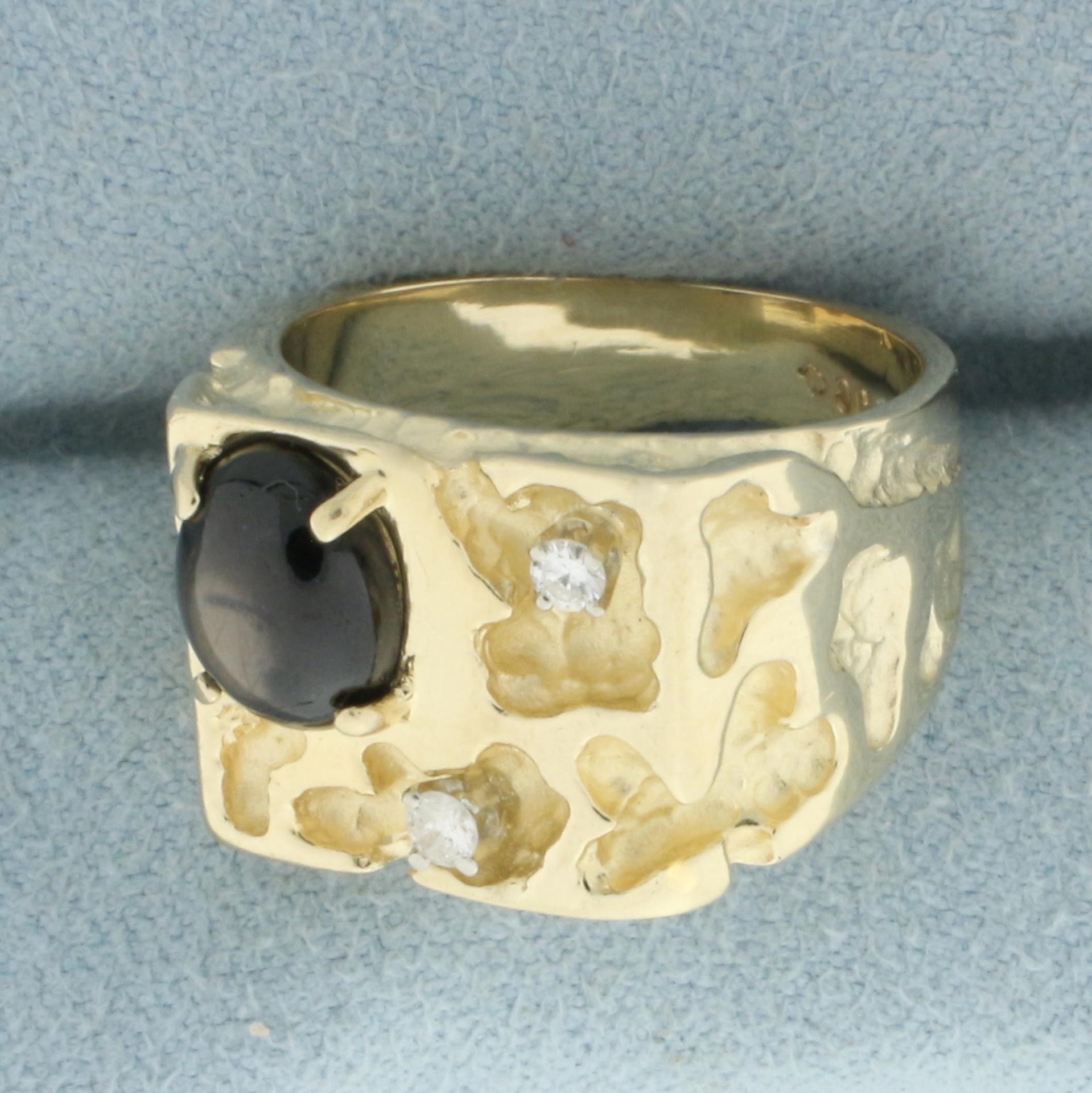 Natural Black Star Sapphire And Diamond Nugget Ring In 14k Yellow Gold