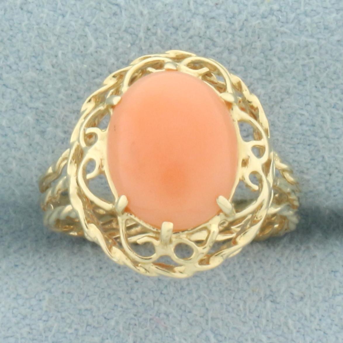 Pink Coral Wirework Design Pinky Ring In 14k Yellow Gold