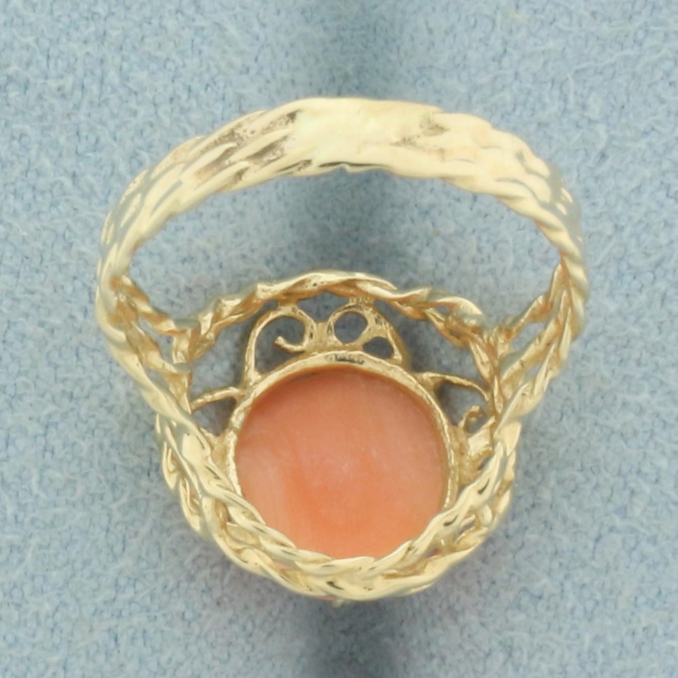 Pink Coral Wirework Design Pinky Ring In 14k Yellow Gold