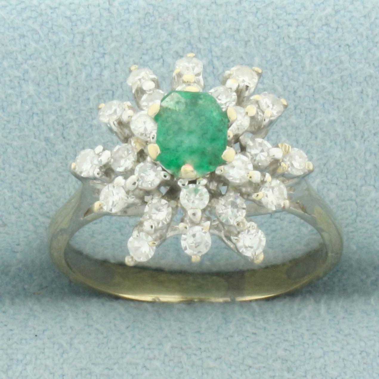 Untreated Emerald And Diamond Starburst Flower Ring In 18k Yellow And White Gold