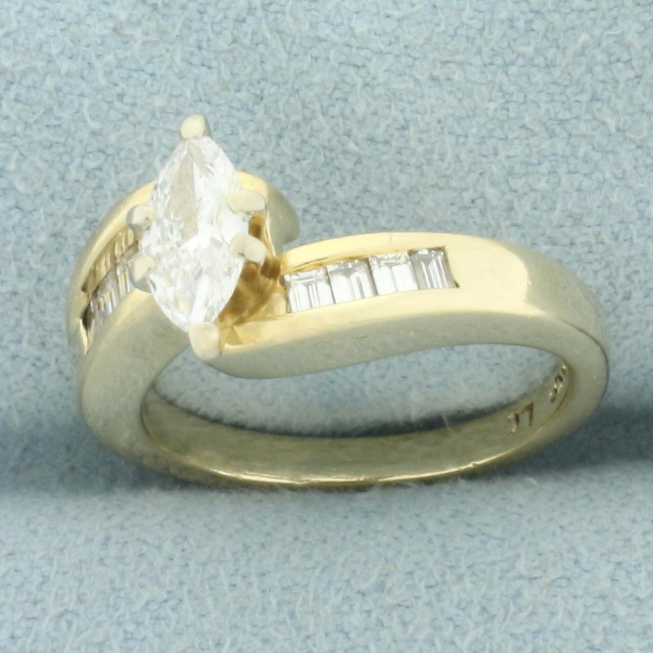 Marquise And Baguette Diamond Engagement Ring In 14k Yellow Gold