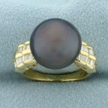 Tahitian Pearl And Diamond Ring In 14k Yellow Gold