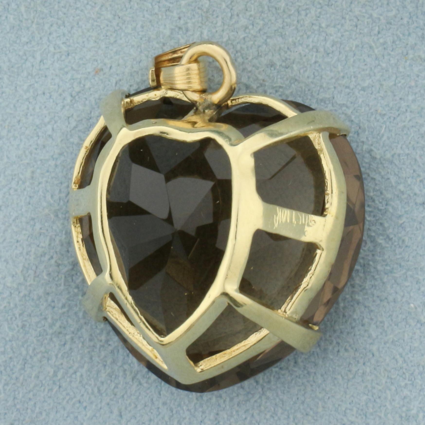 Large 55ct Smoky Topaz Heart Shaped Pendant In 14k Yellow Gold