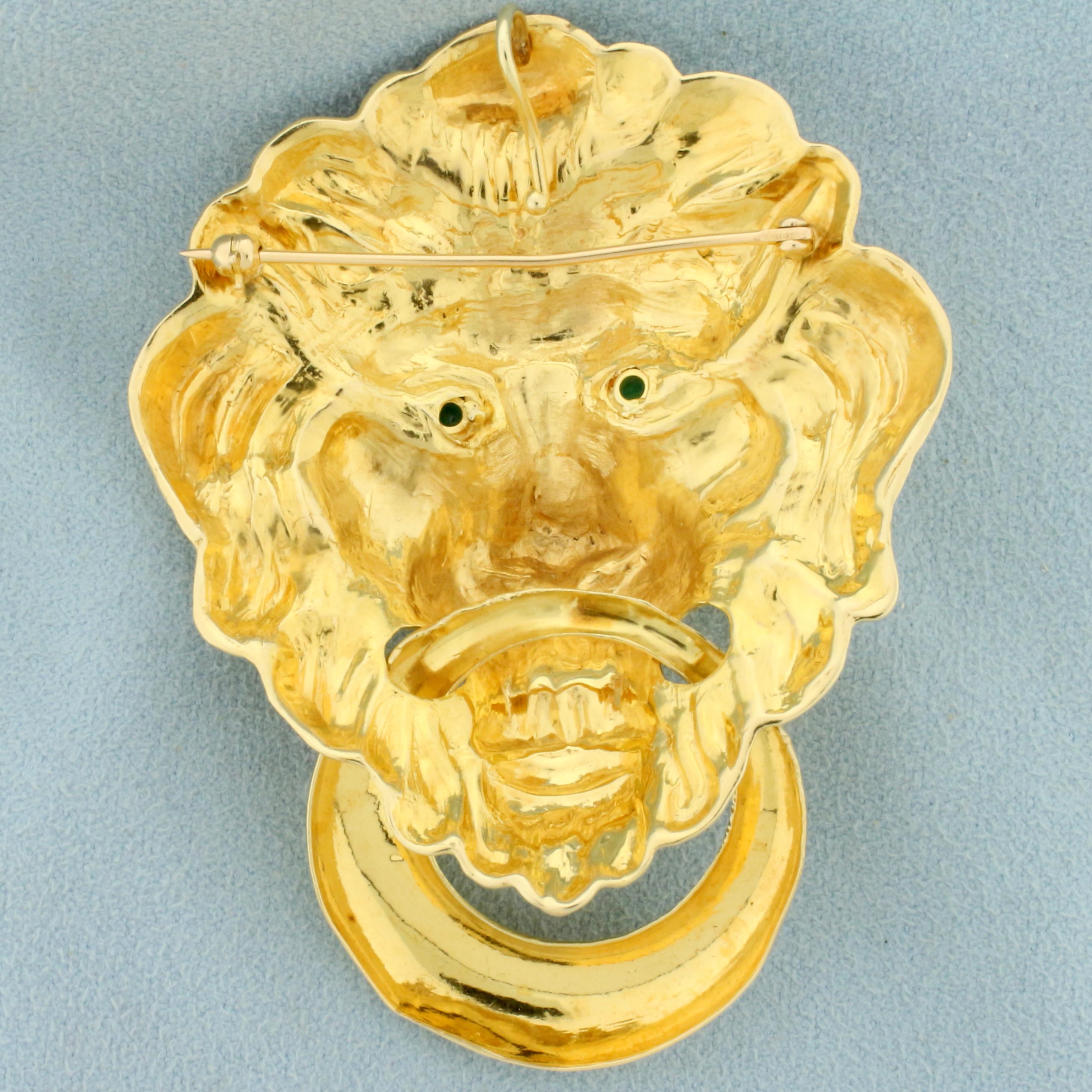 Large Emerald Lion Design Door Knocker Pendant Or Pin In 14k Yellow Gold