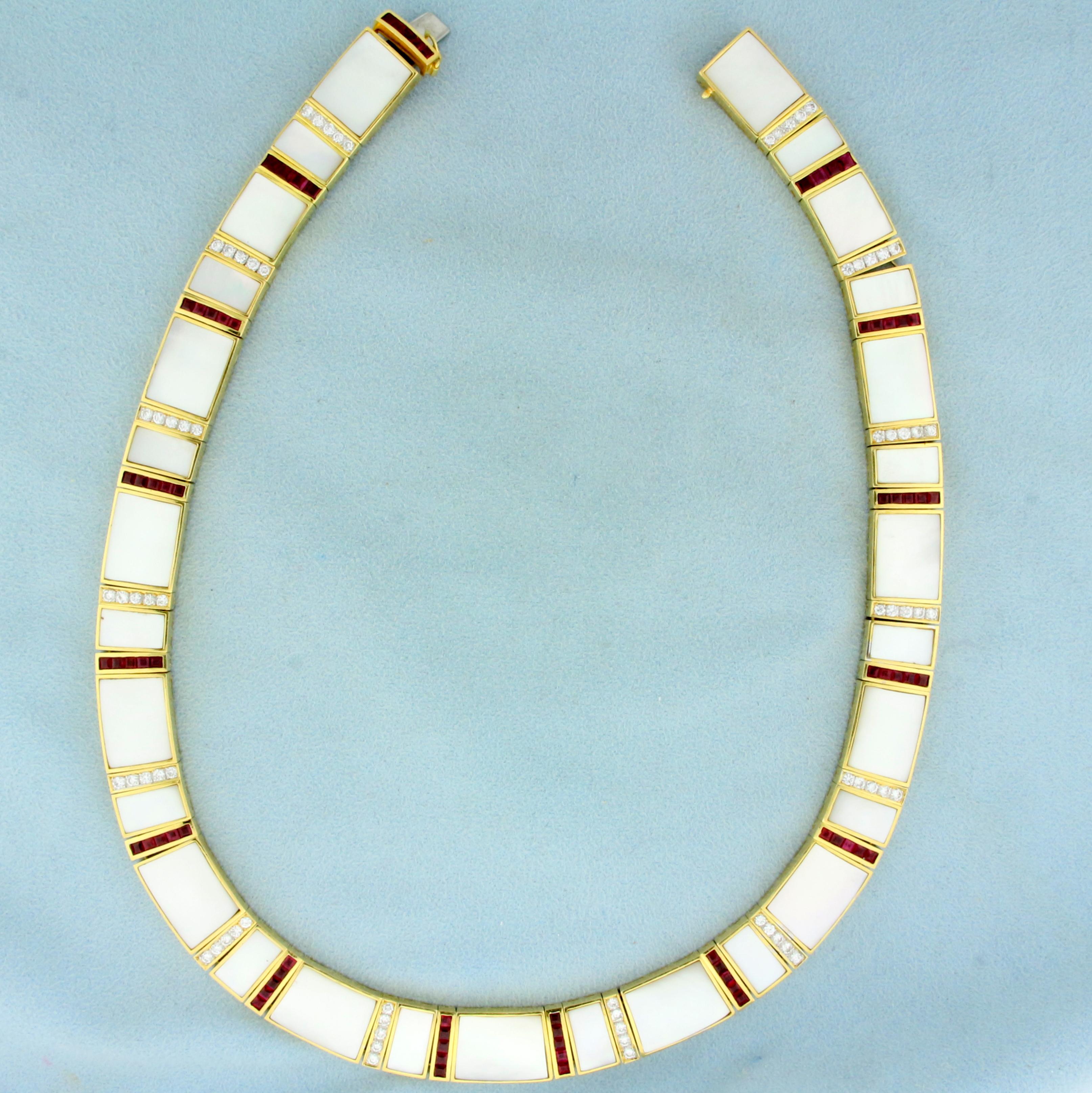 Ruby, Mother Of Pearl And Diamond Necklace In 18k Yellow Gold