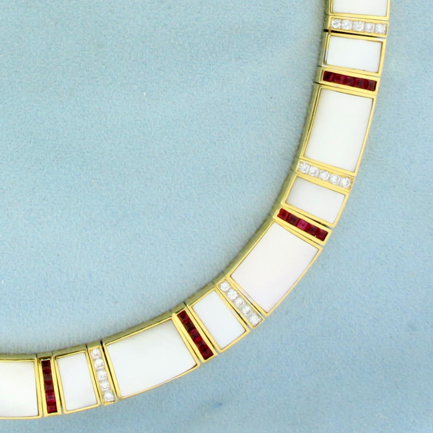 Ruby, Mother Of Pearl And Diamond Necklace In 18k Yellow Gold