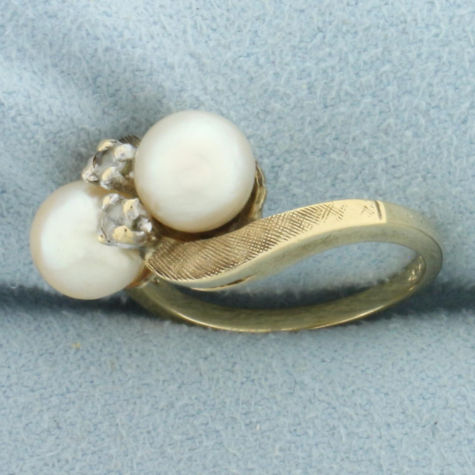 Akoya Pearl And White Sapphire Moi Et Toi Ring In 10k Yellow Gold