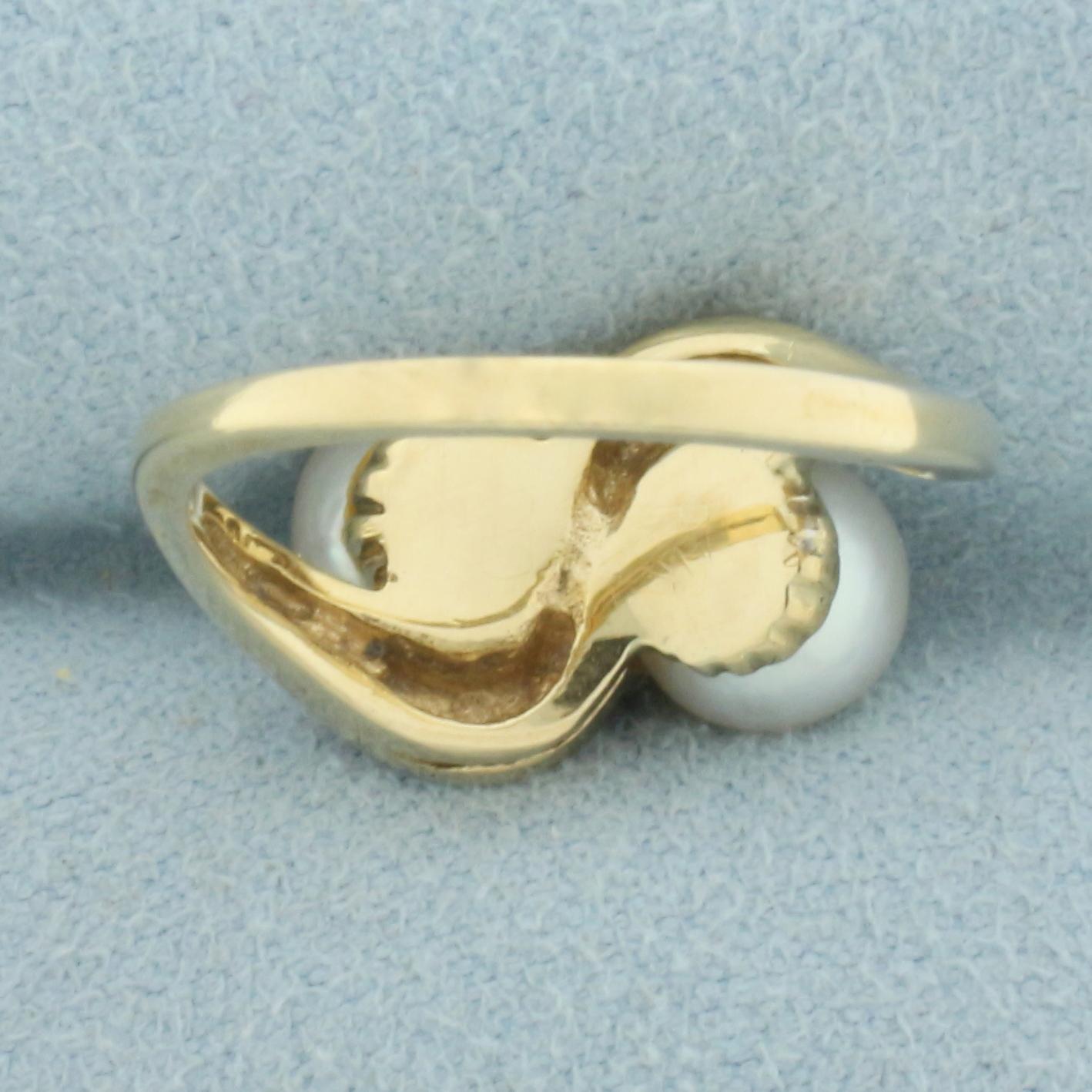 Akoya Pearl And White Sapphire Moi Et Toi Ring In 10k Yellow Gold