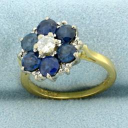 Vintage Sapphire And Diamond Flower Design Ring In 18k Yellow Gold