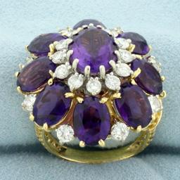 14ct Amethyst And Diamond Flower Statement Ring In 18k Yellow Gold