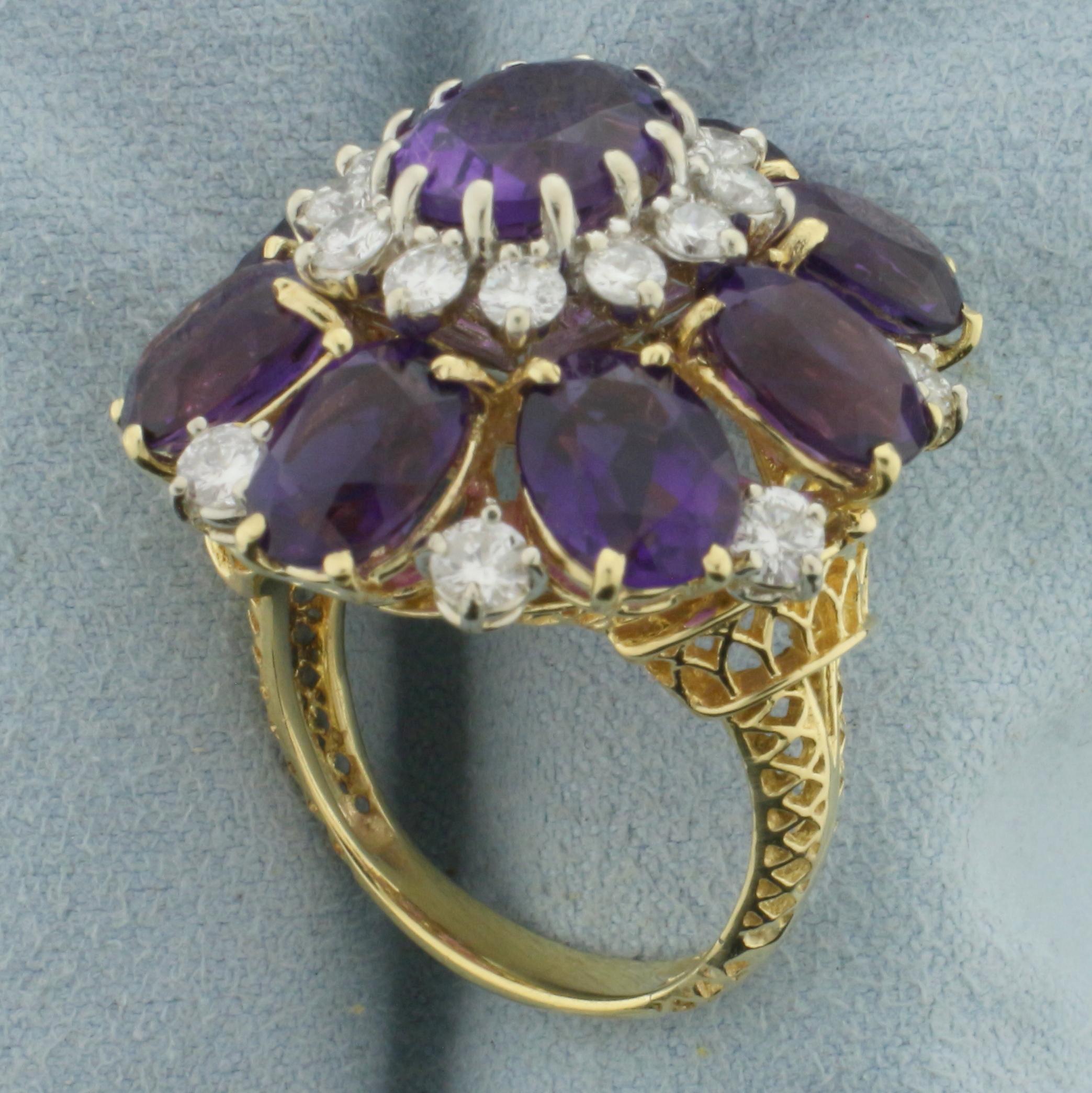 14ct Amethyst And Diamond Flower Statement Ring In 18k Yellow Gold