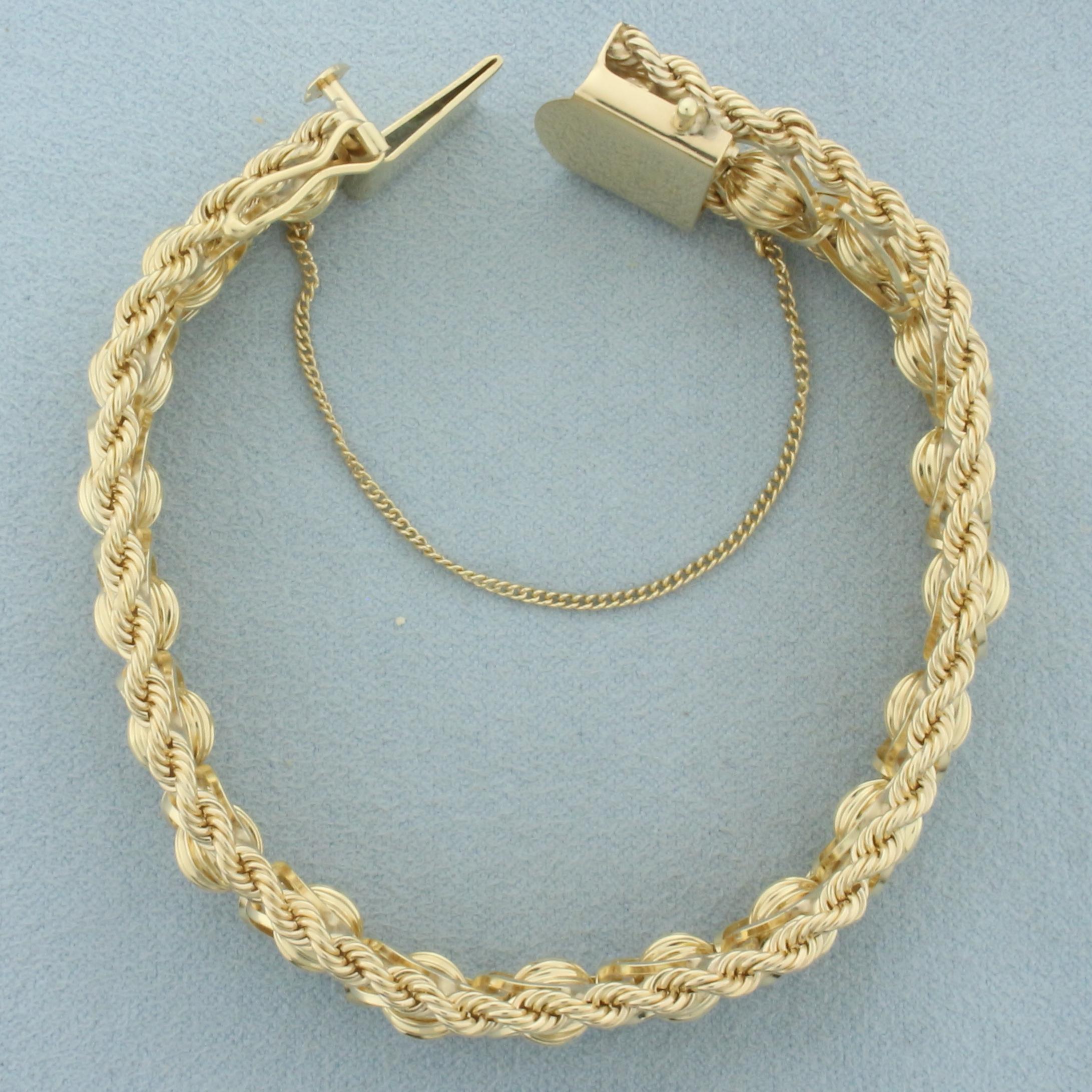 Designer Rope And Scalloped Bead Charm Bracelet In 14k Yellow Gold