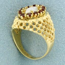 Opal And Garnet Basket Weave Ring In 14k Yellow Gold