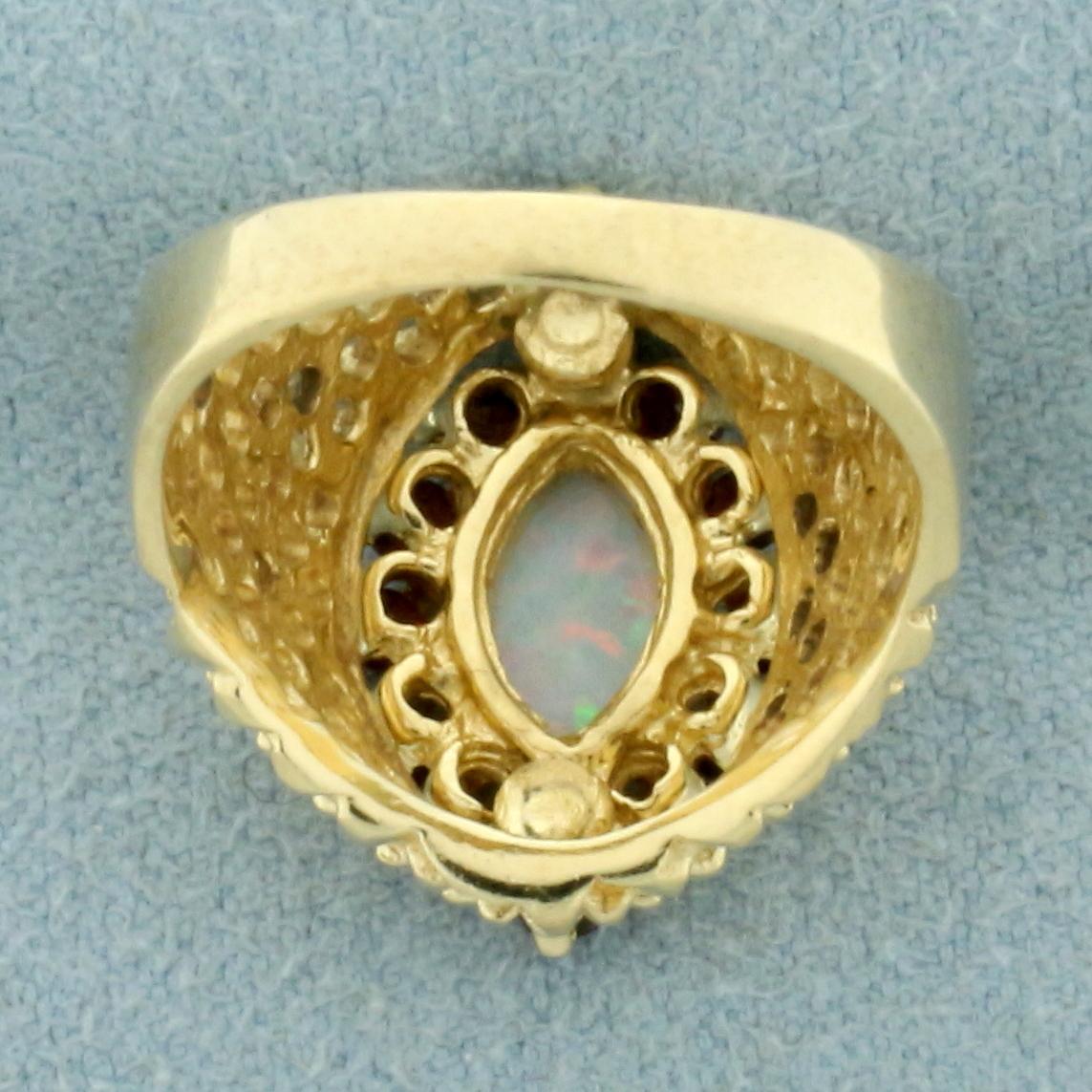 Opal And Garnet Basket Weave Ring In 14k Yellow Gold