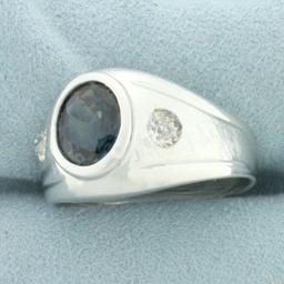 Mens Teal Sapphire And Old European Cut Diamond Ring In 14k White Gold