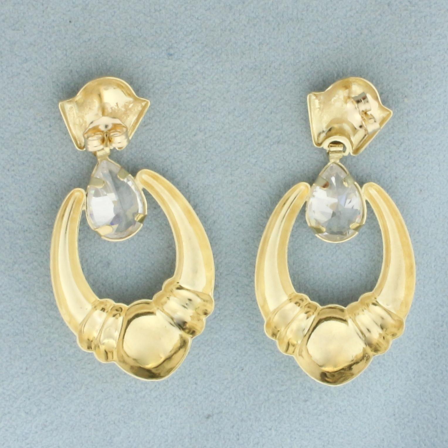 Cz Dangle Doorknocker Earrings In 14k Yellow Gold